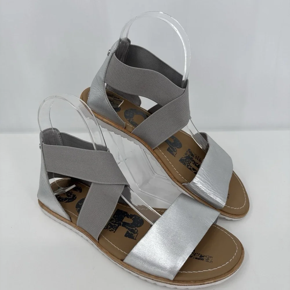 Sorel Ella Women's Sandals Metallic Leather Crisscross Flat 7.5 Comfort Shoes